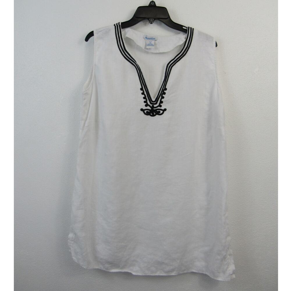 Silhouettes 1X White Linen Sleeveless Top V Neck Black Embroidery Detail
